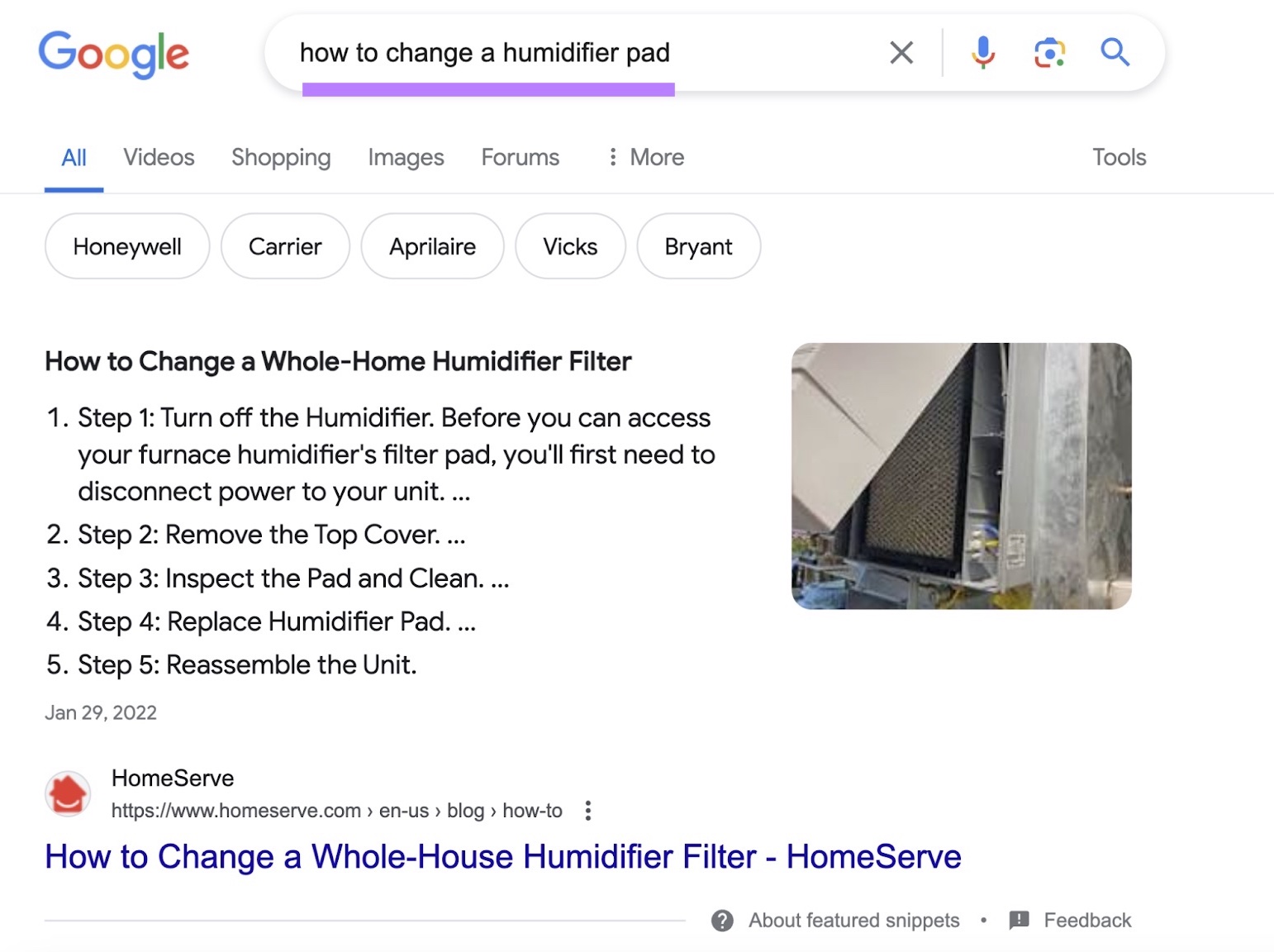 Featured snippet for nan connection “how to alteration a humidifier pad” connected Google.