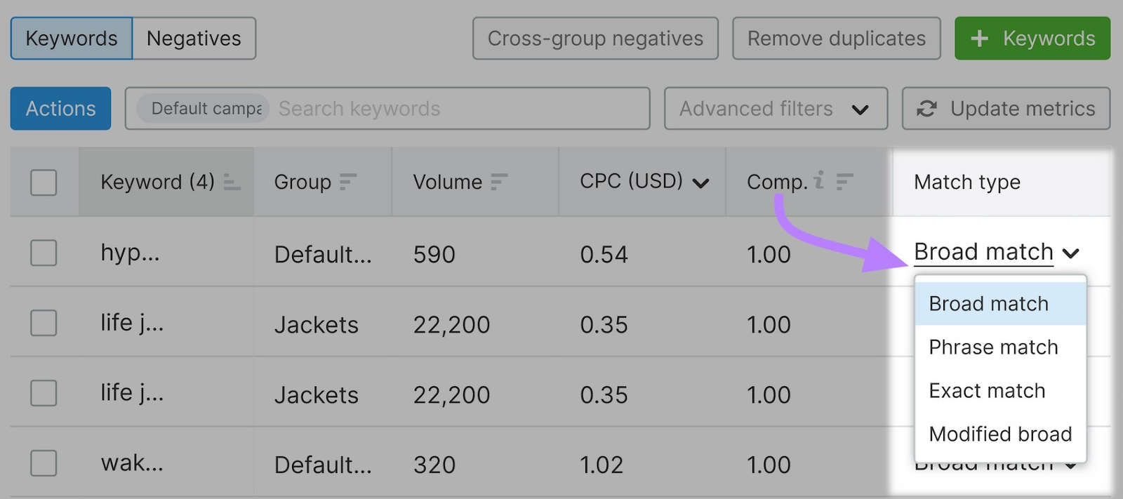 'Match type' drop-down paper   with 'broad match,' 'phrase match,' 'exact match,' and 'modified match' options