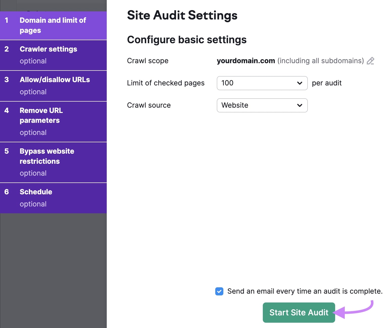 "Site Audit Settings" window