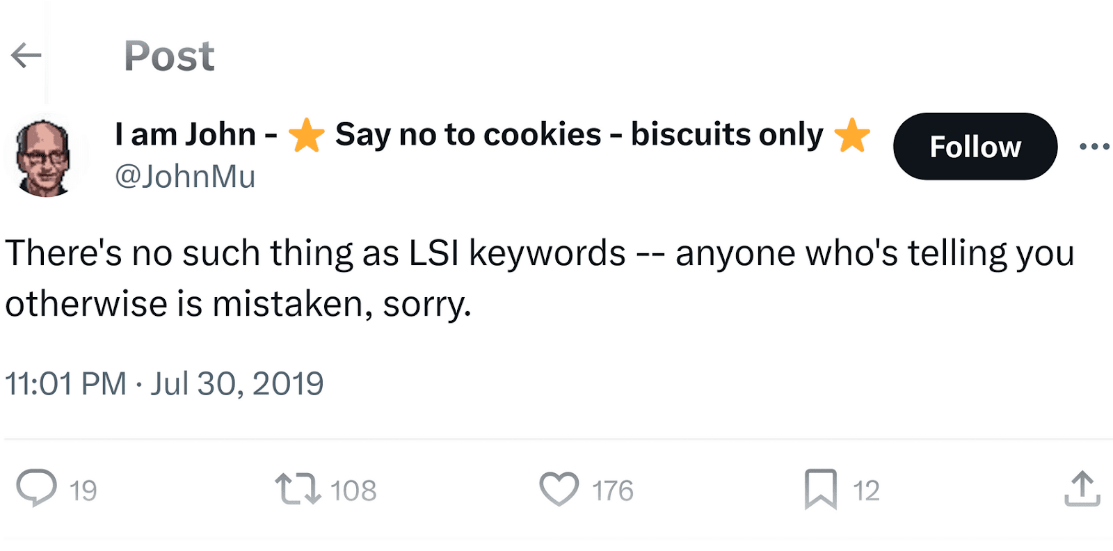Google's John Mueller's post on X that reads "There's not such thing as LSI keywords -- anyone who's telling you otherwise is mistaken, sorry."