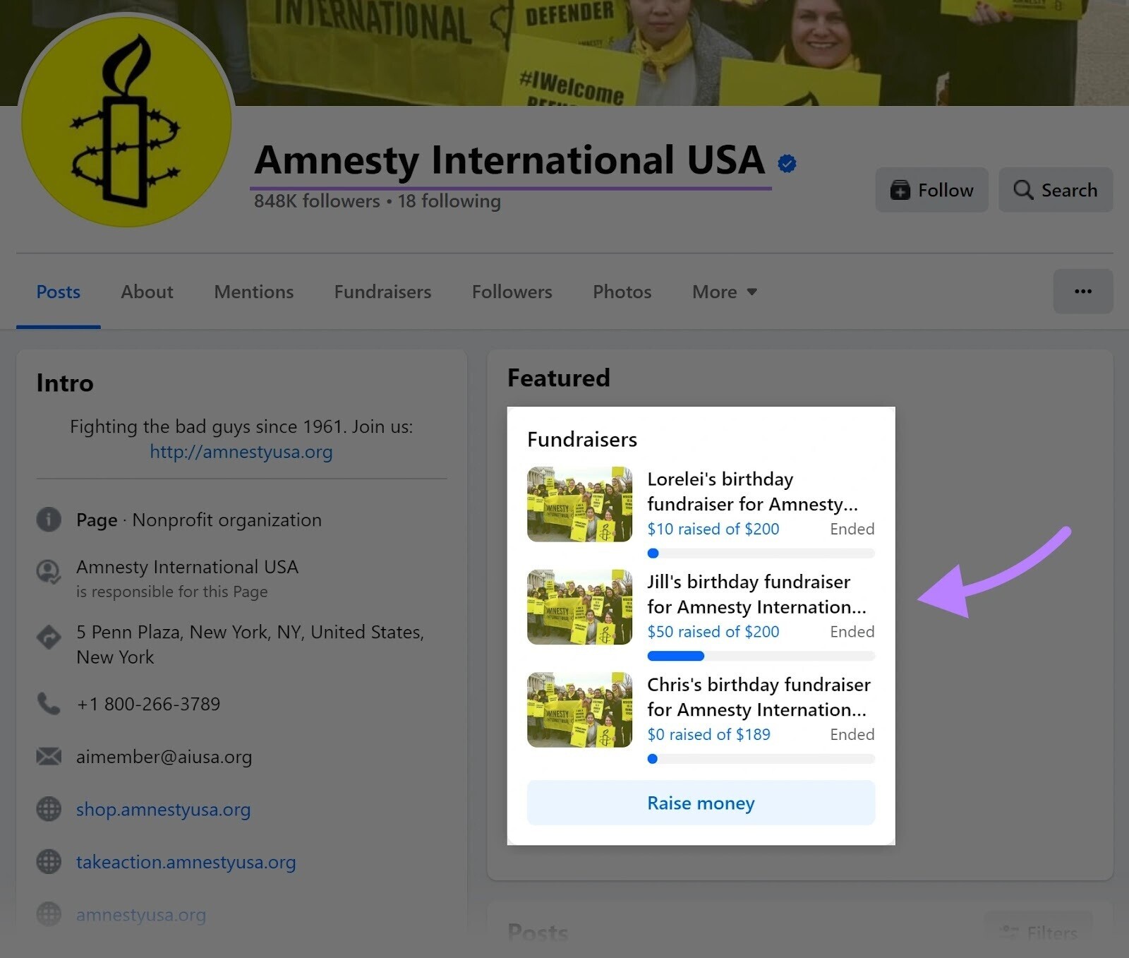 Highlighted fundraisers on Amnesty International USA's profile