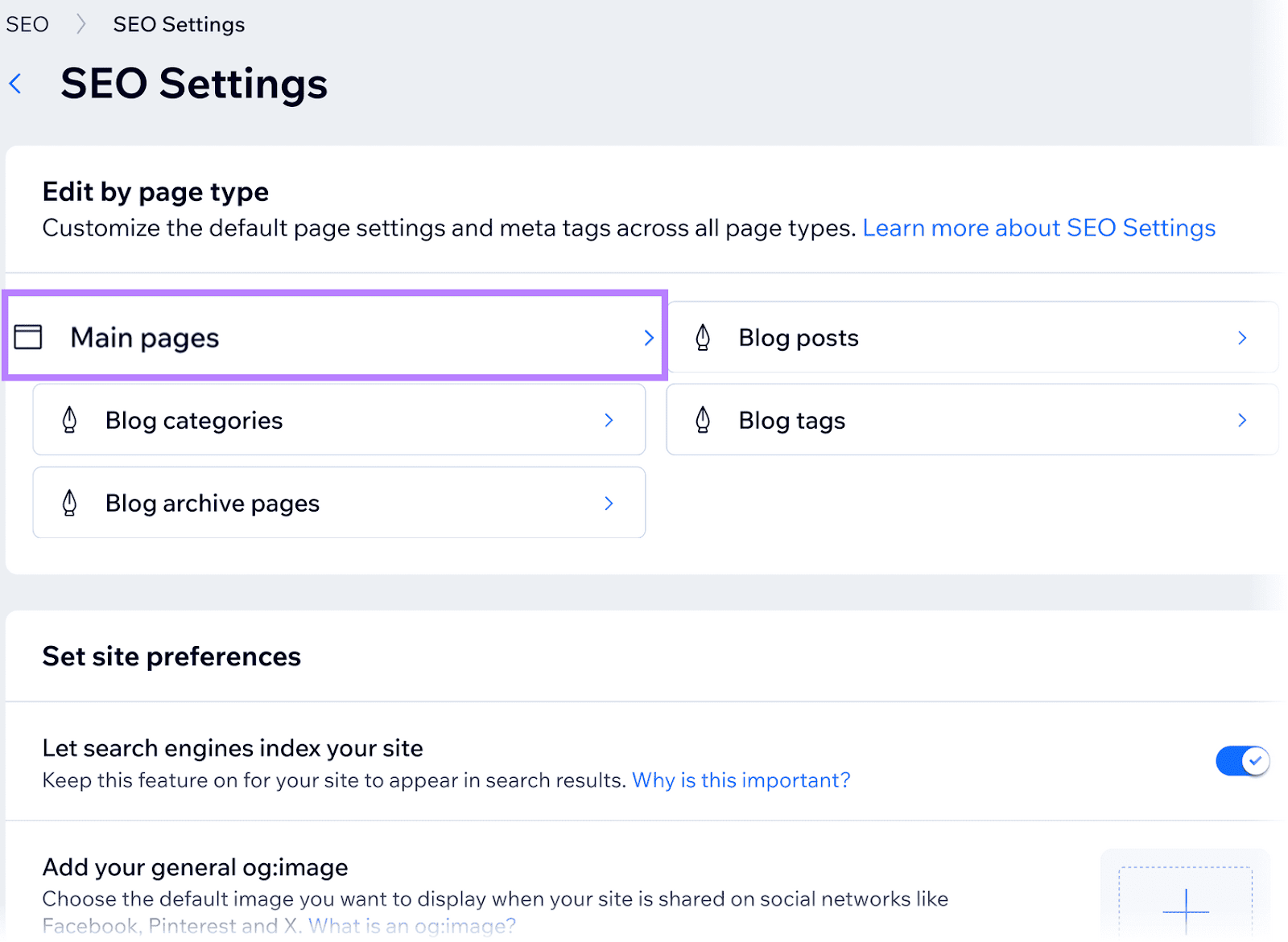 SEO settings sheet  with the "Main pages" enactment    highlighted by a purple border