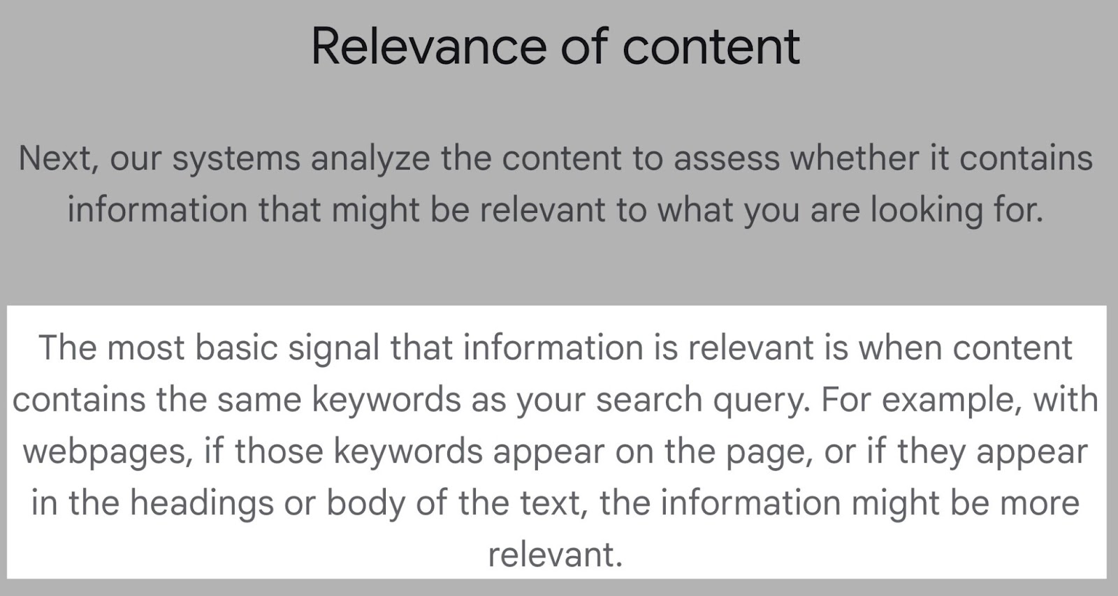 "Relevance of content" conception  of Google’s ranking factors