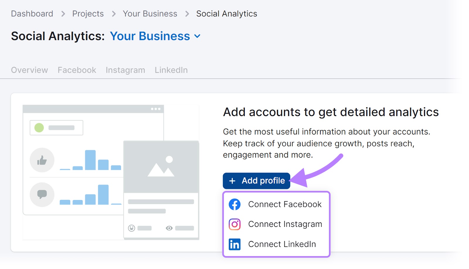 Connect Facebook, Instagram, and LinkedIn profiles to Social Analytics tool