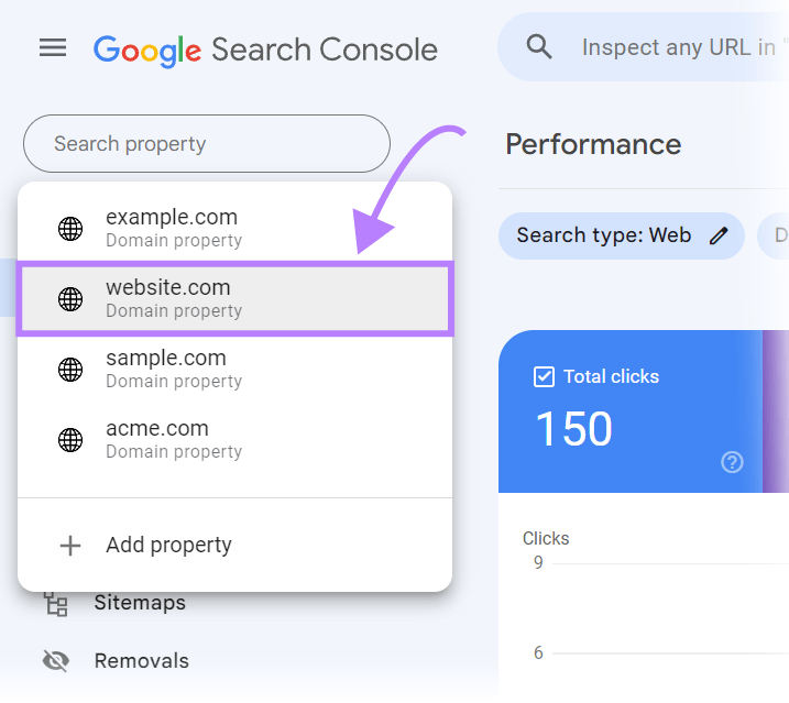 "website.com" selected in Google Search Console