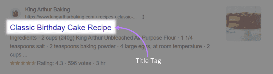 An example of title tag "Classic Birthday Cake Recipe"