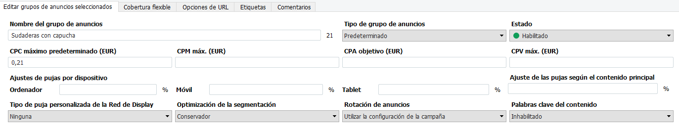 Opciones de configuración en grupos de anuncios en campañas de Google Ads