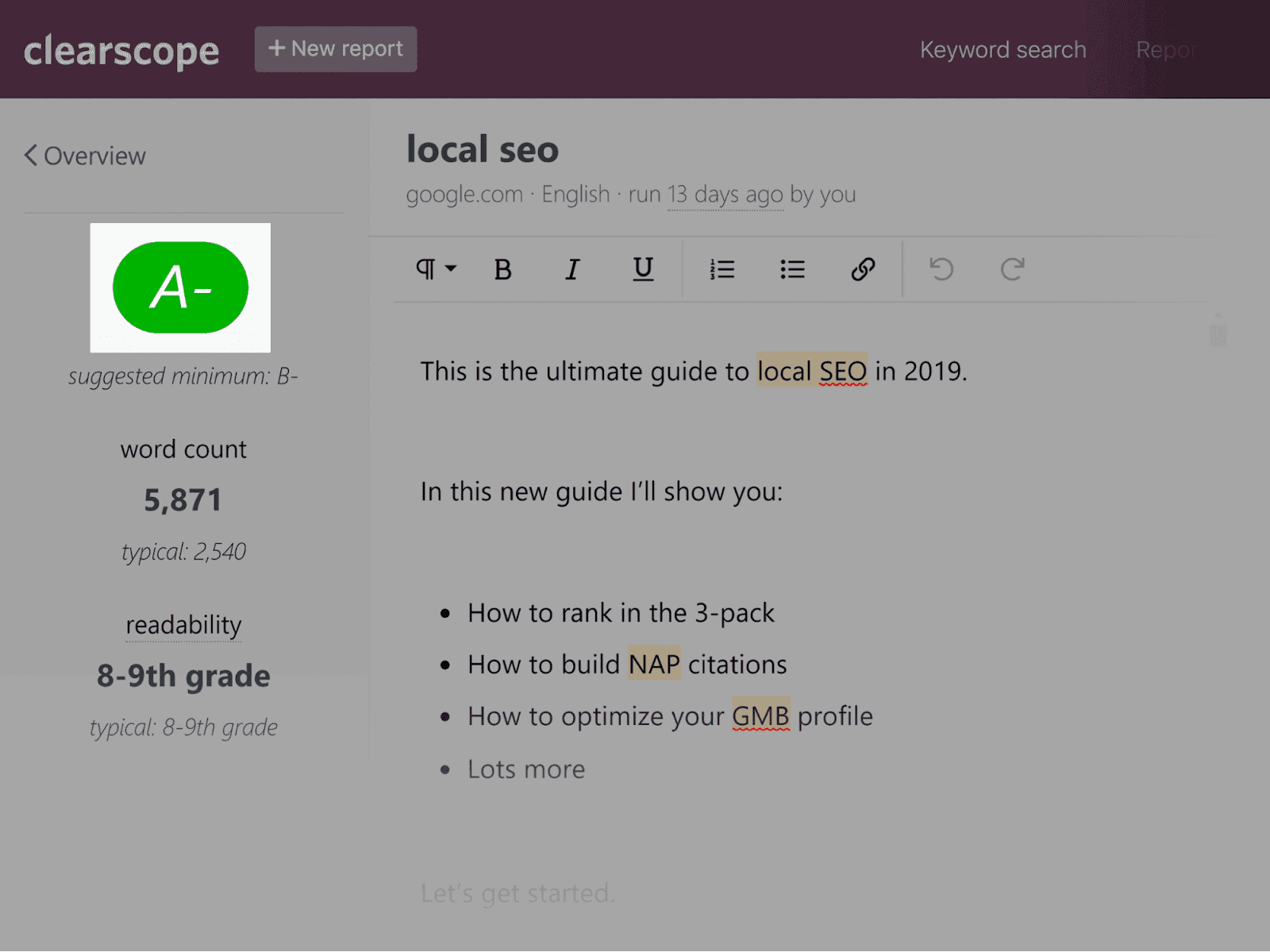 An example of Clearscope grading system