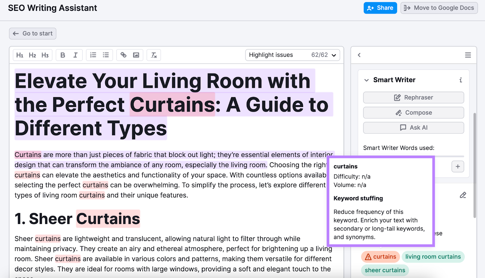 Warning pop up in SEO Writing Assistant highlighting instances of keyword stuffing