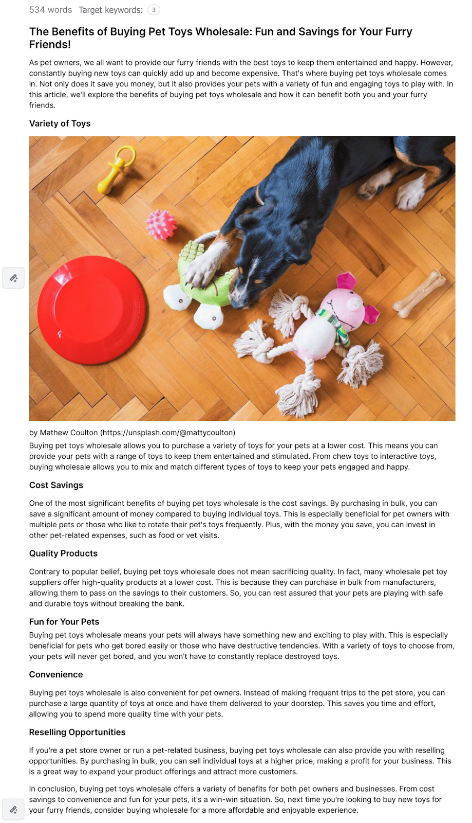ContentShake AI-generated article on "The benefits of buying pet toys wholesale: fun and savings for your furry friends!"