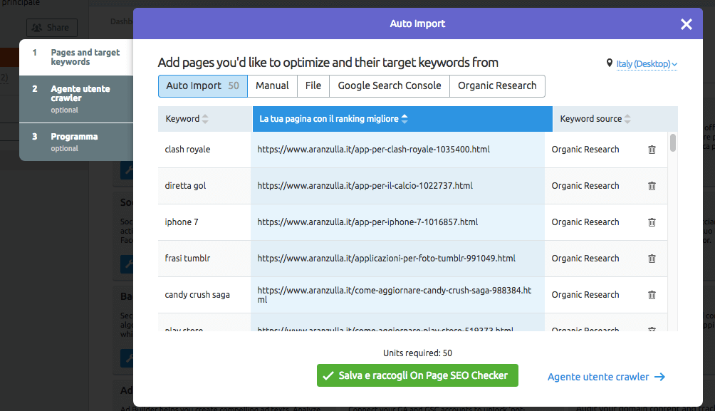 On Page SEO Checker: importare pagine