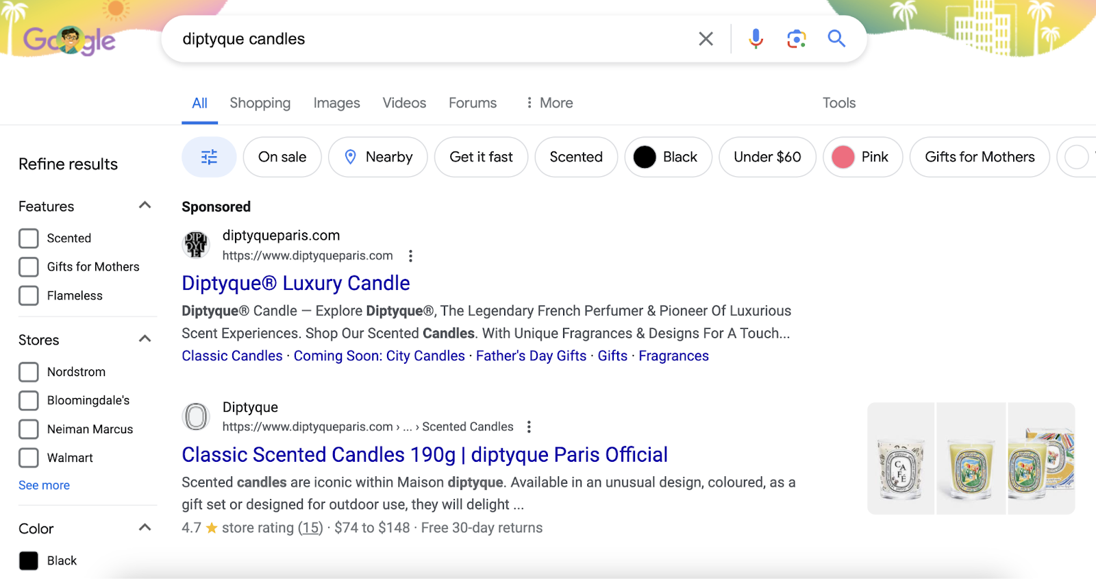 search for "diptyque candles" shows a paid search result and an organic result from the same brand