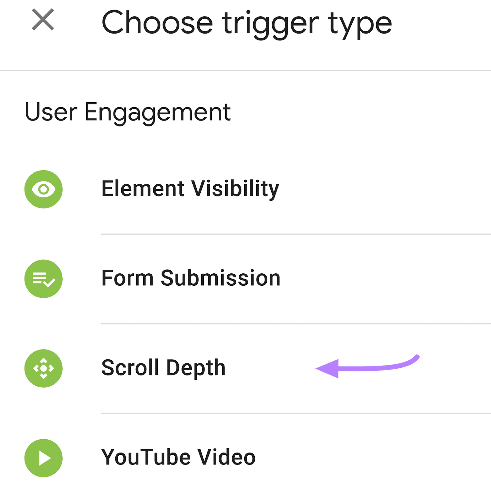 “Scroll Depth” option selected under “User Engagement” area
