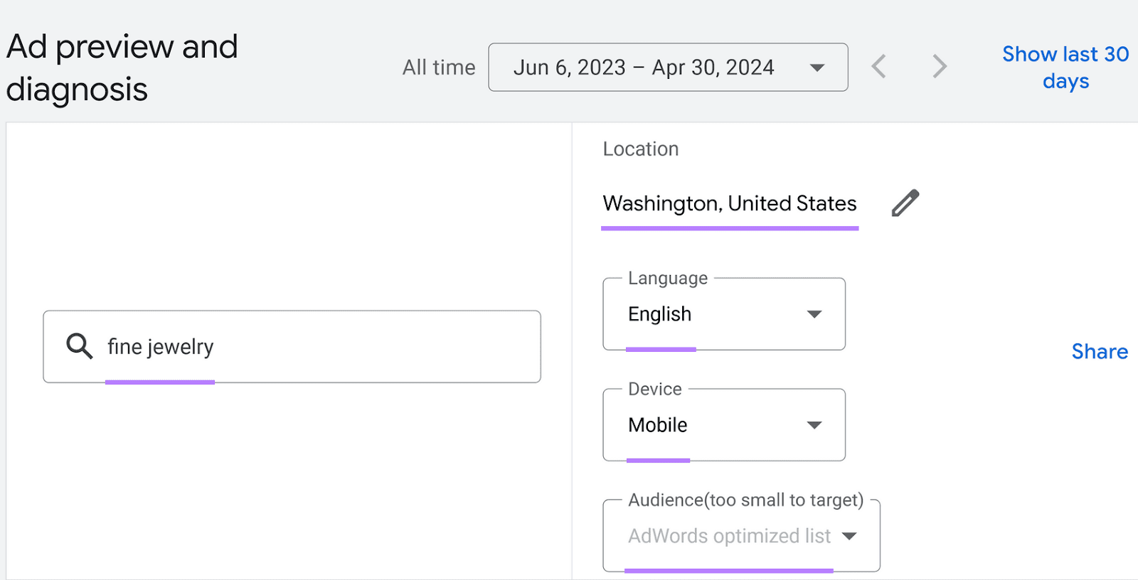 Ad preview and diagnosis tool displaying settings for location in Washington, language English, and mobile device.