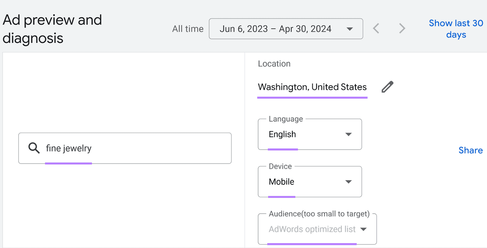 Herramienta de previsualización y diagnóstico de anuncios que muestra la configuración de la ubicación en Washington, el idioma inglés y el dispositivo móvil.
