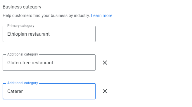 "Gluten-free restaurant" entered as additional category under "Business category" window