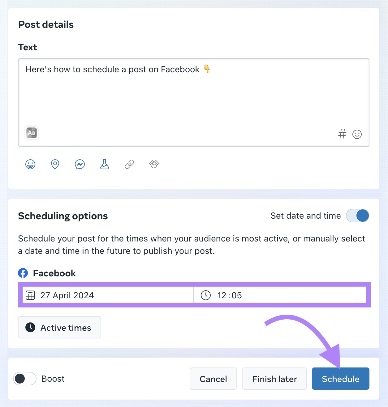 Selecting a date and time to schedule a post on Facebook through the Business Suite.