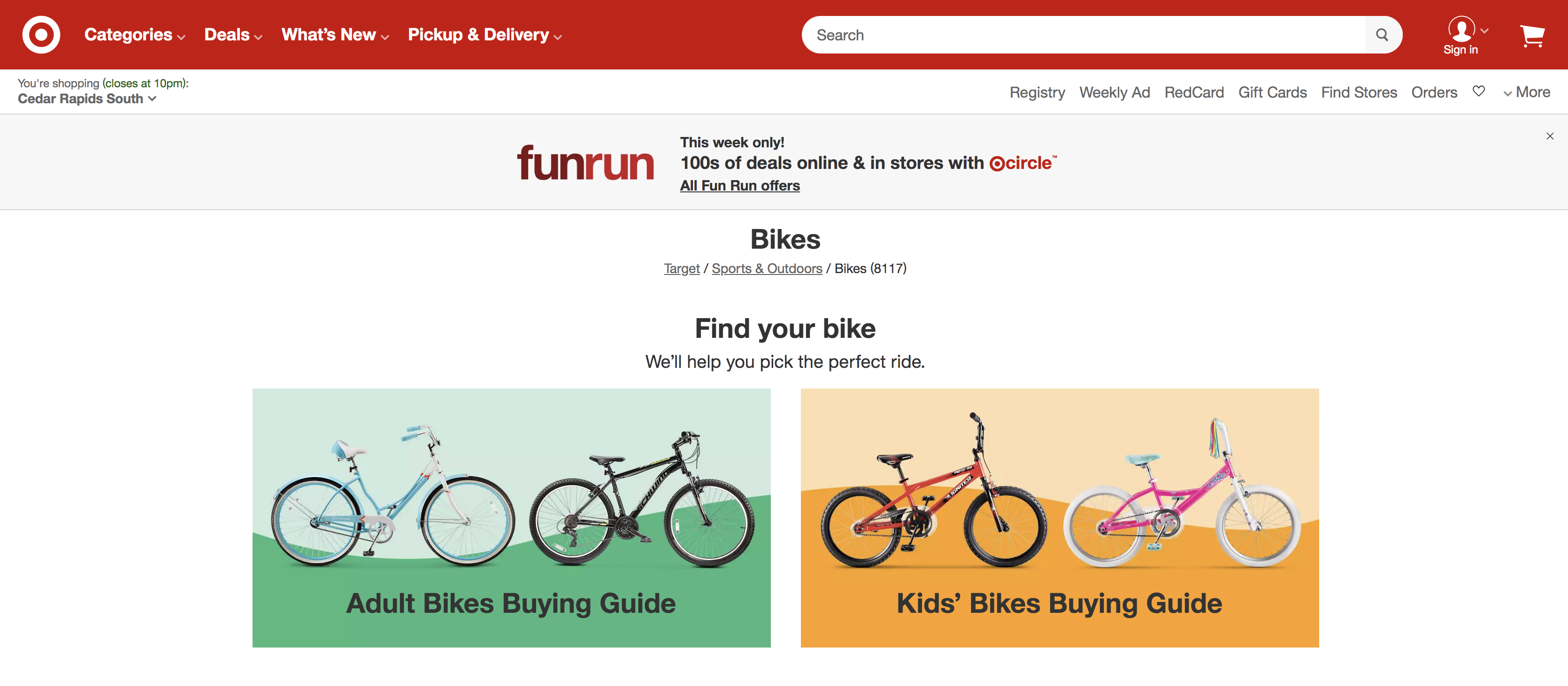 exemple de contenu sur la page vélo de Target.