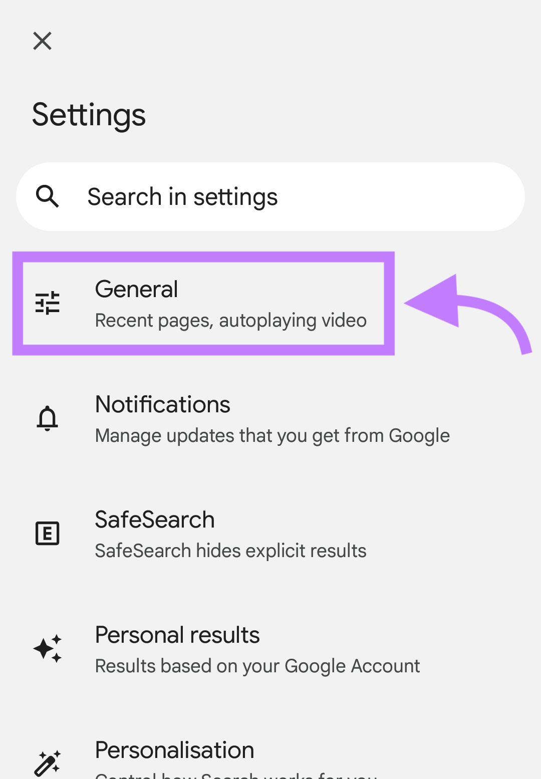 "General" settings for Android devices