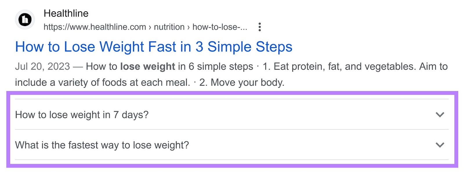 an example of a frequently asked question (FAQ) snippet for "how to lose weight fast" search