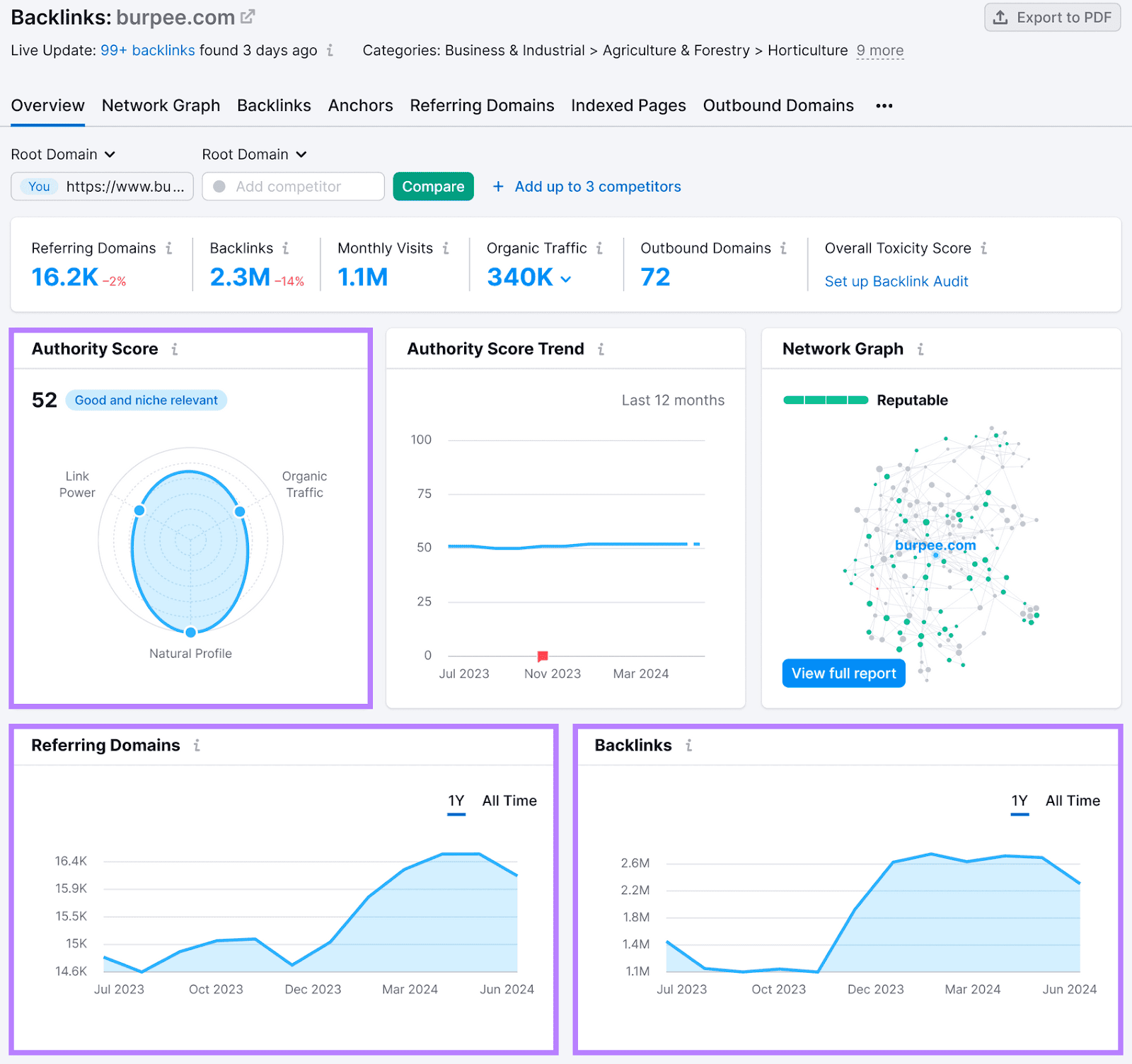 Semrush Backlink Analytics "Overview" tab showing various metrics and trends in a panel format