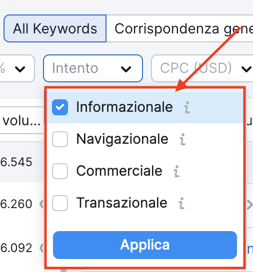 L'intento informazionale su Keyword Magic Tool