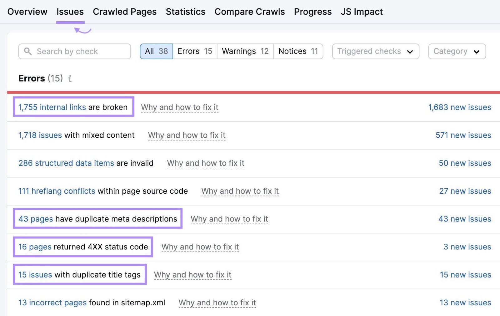 A list of "Errors" found in Site Audit tool