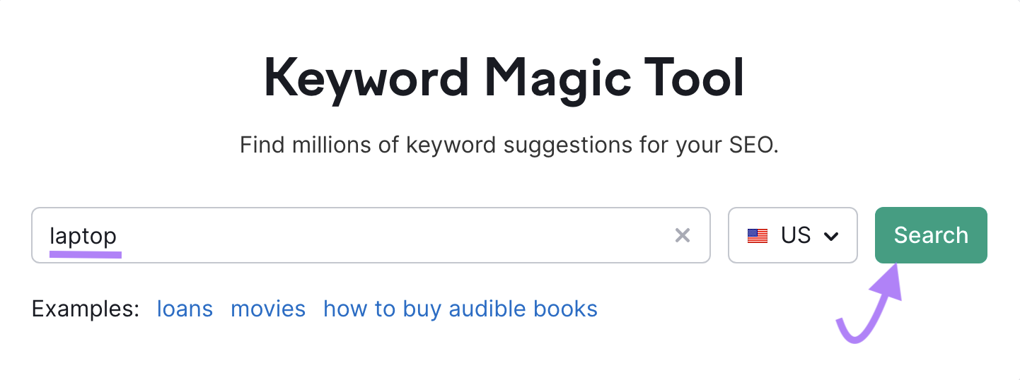 "ordinateur portable" entré dans la barre de recherche de Keyword Magic Tool