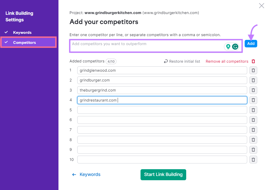 "Add your competitors" window in Link Building Settings