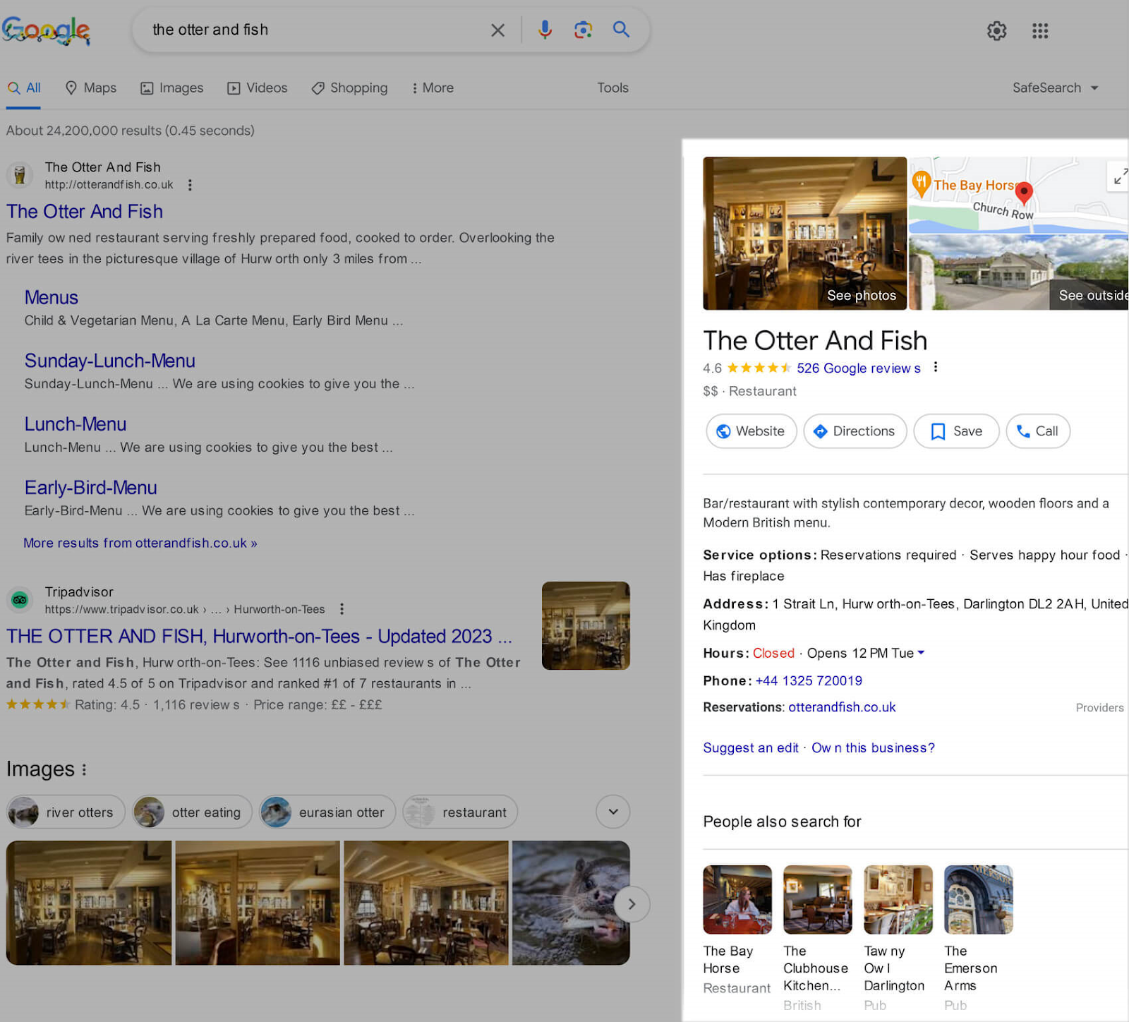 Google Business Profile for "The Otter And Fish" appears in the right sidebar on desktop SERP