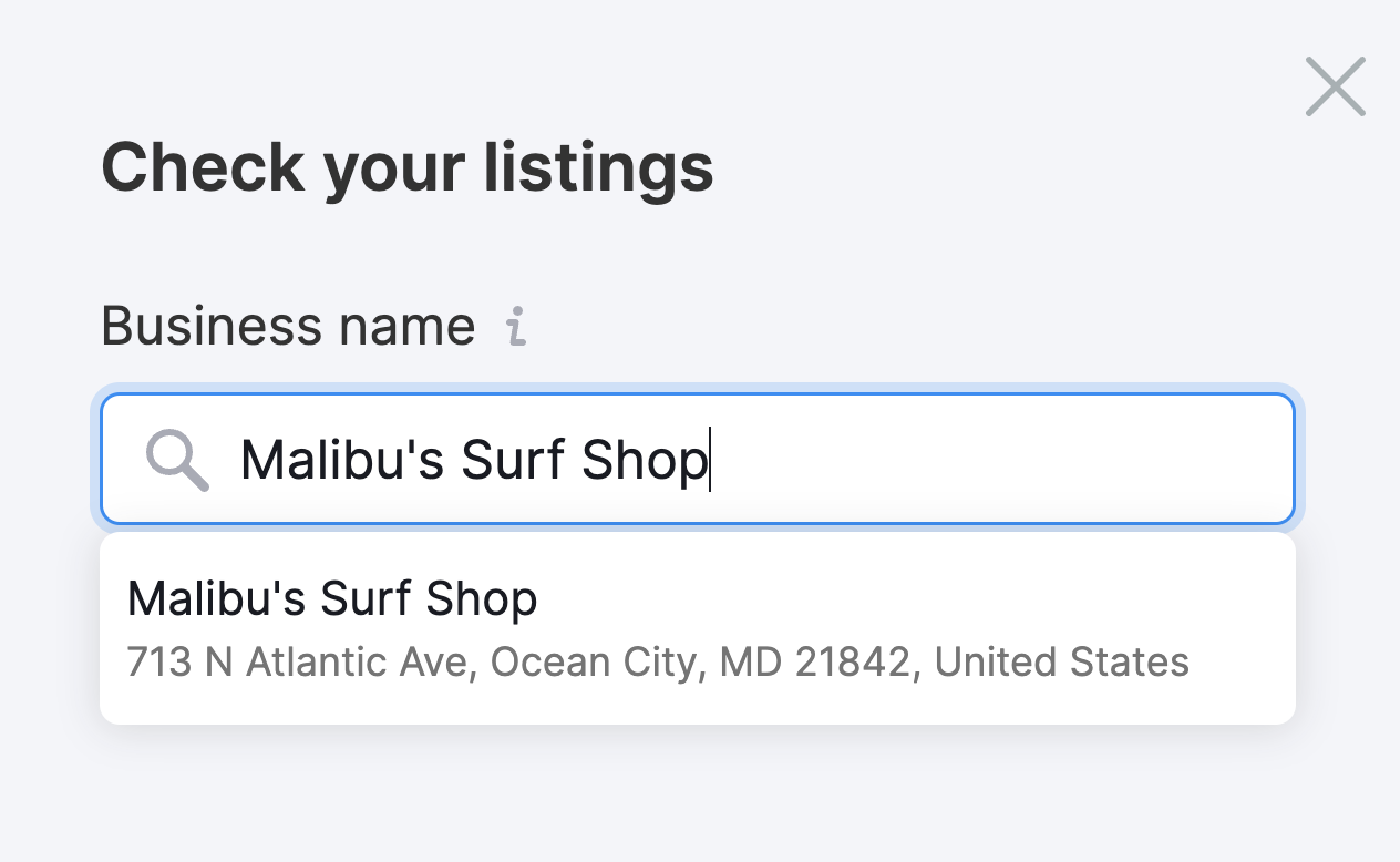 "Malibu's Surf Shop"entered under "Business name" field