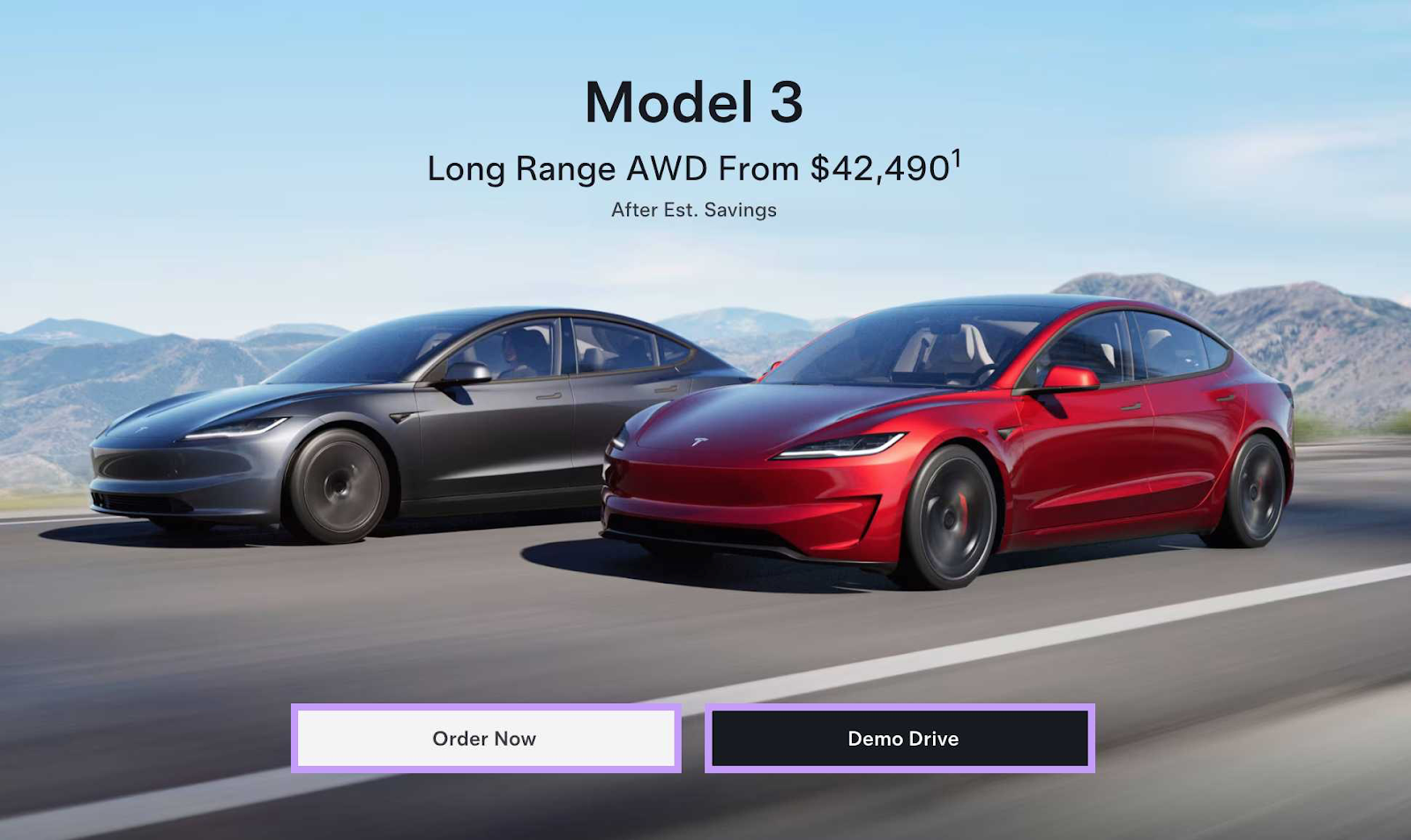 Tesla homepage showing a grey  and reddish  Tesla successful  a upland  scenery  with the buttons "order now" and "demo drive".