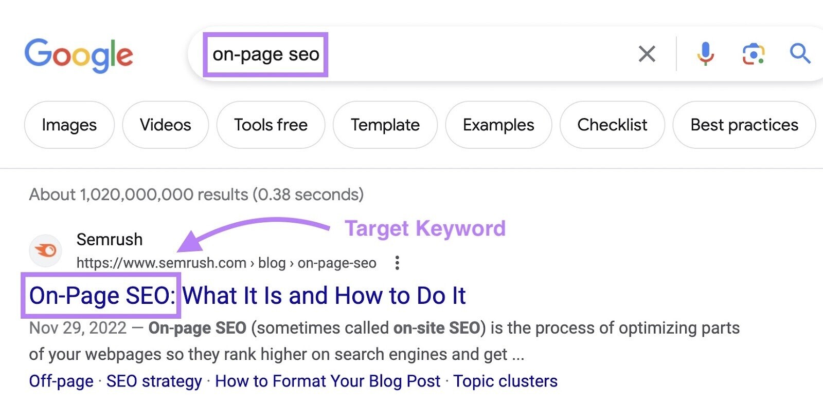 Google search results for "on-page seo" show Semrush´s article titled "On-Page SEO: What It Is and How to Do It"