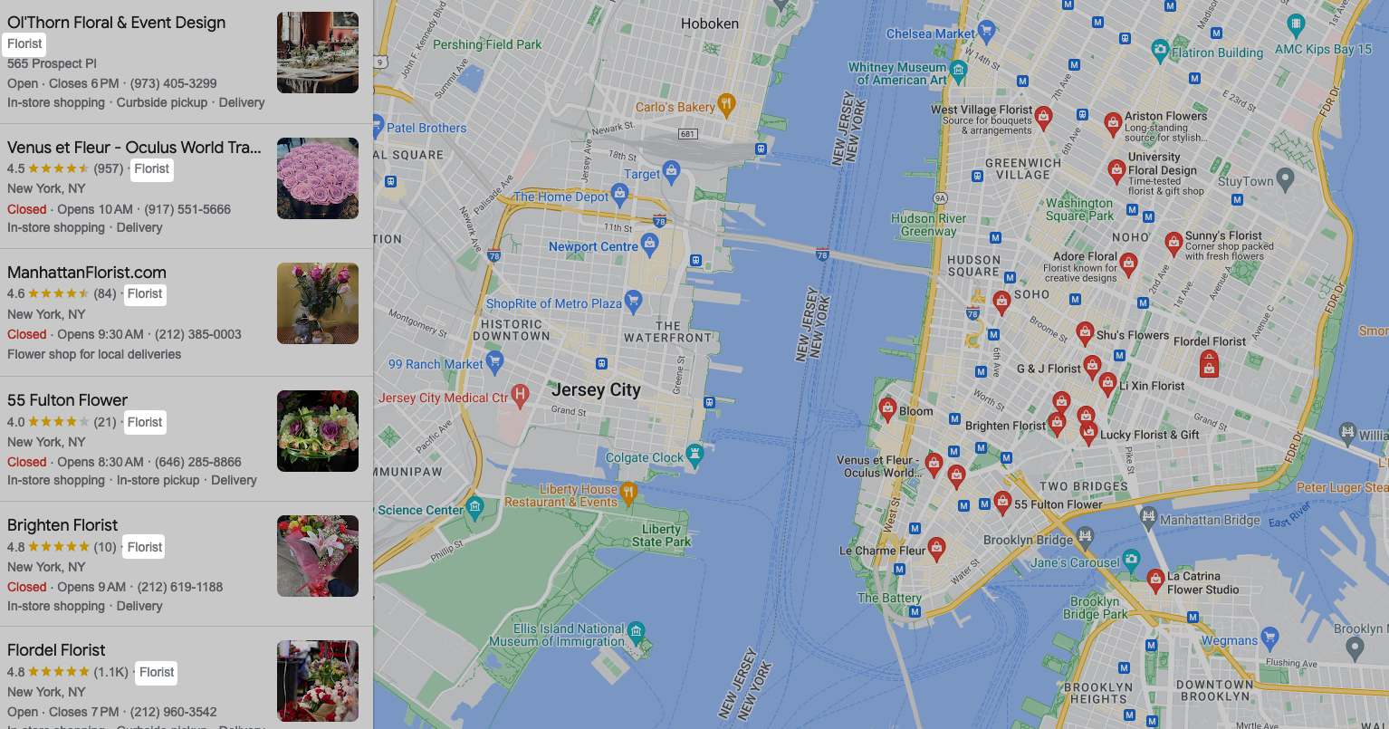 Google search results for search for “florists in New York”