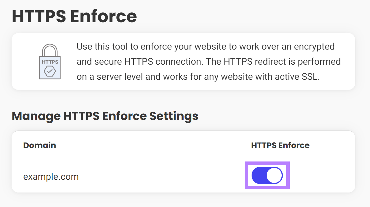 HTTPS Enforce screen within a web hosting dashboard.