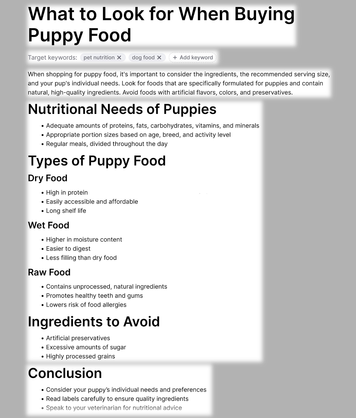 example of a detailed article outline for "What to Look for When Buying Puppy Food"
