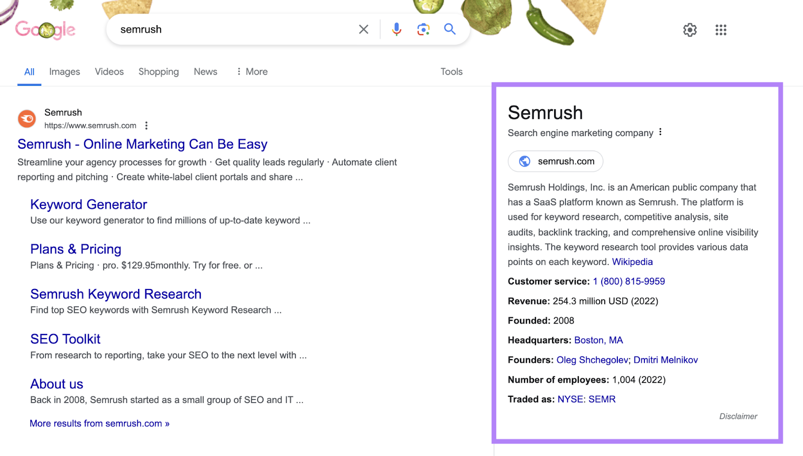 semrush knowledge panel highlighted in serp for semrush search term