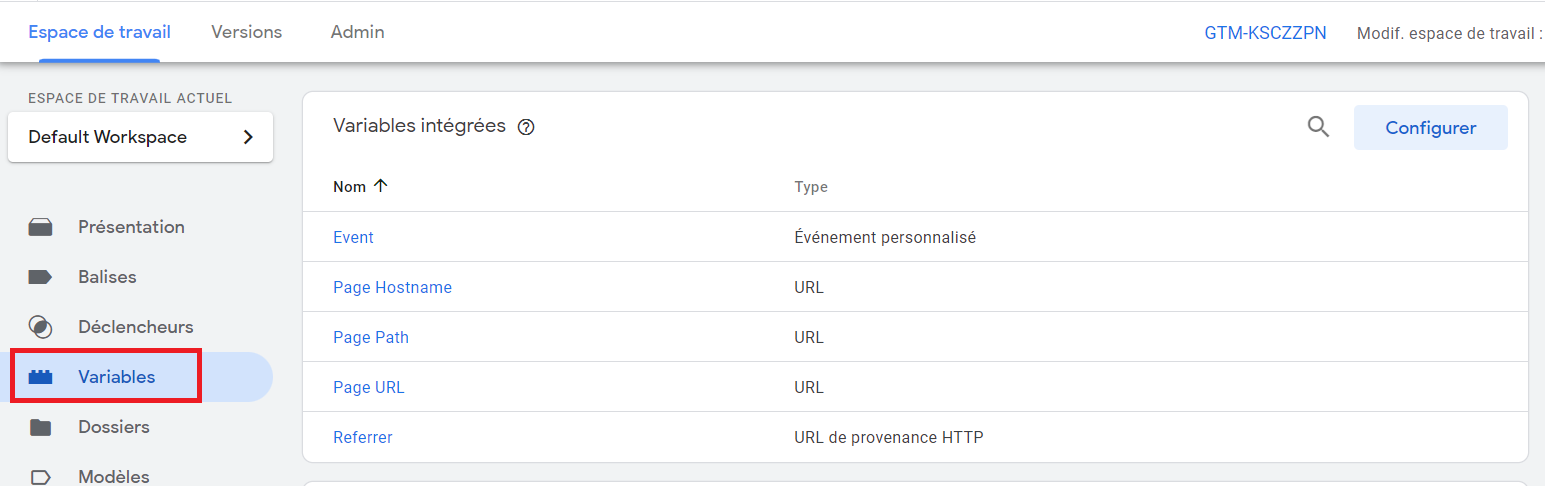 Google Tag Manager espace de travail Variables
