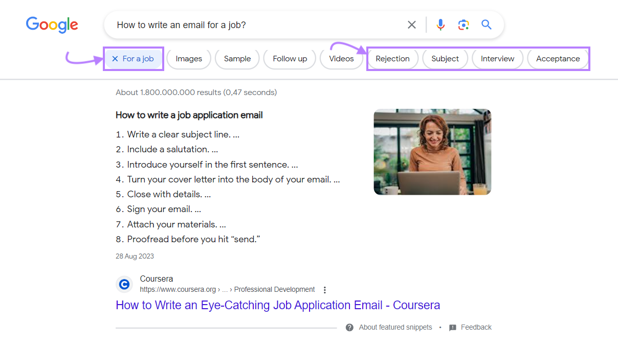 Google result for “How to write an email for a job” with buttons under the search bar highlighted