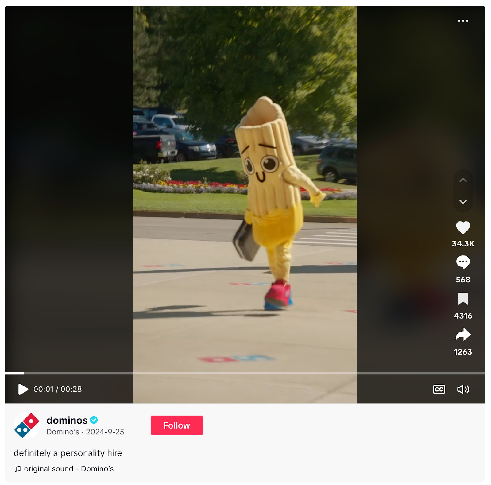 A smiley, cheesy noodle mascot carries a briefcase into an mobility and reply successful this societal media tally video series.