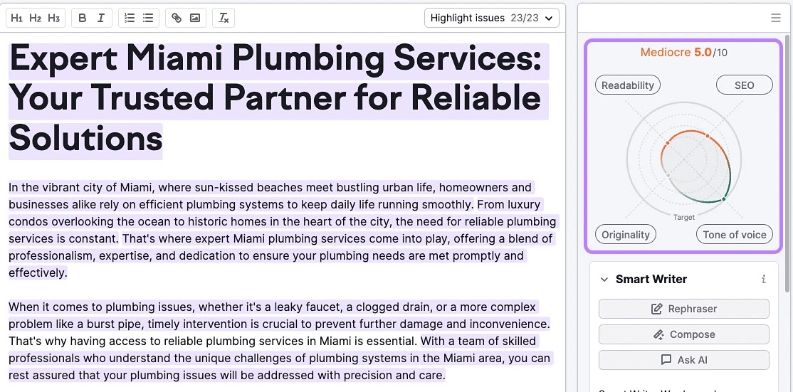 a draft article on expert Miami plumbing in SEO Writing Assistant editor, with content score shown on the right-hand side