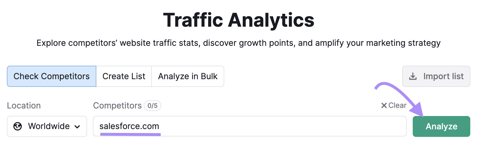 "salesforce.com" entered into the Traffic Analytics search bar