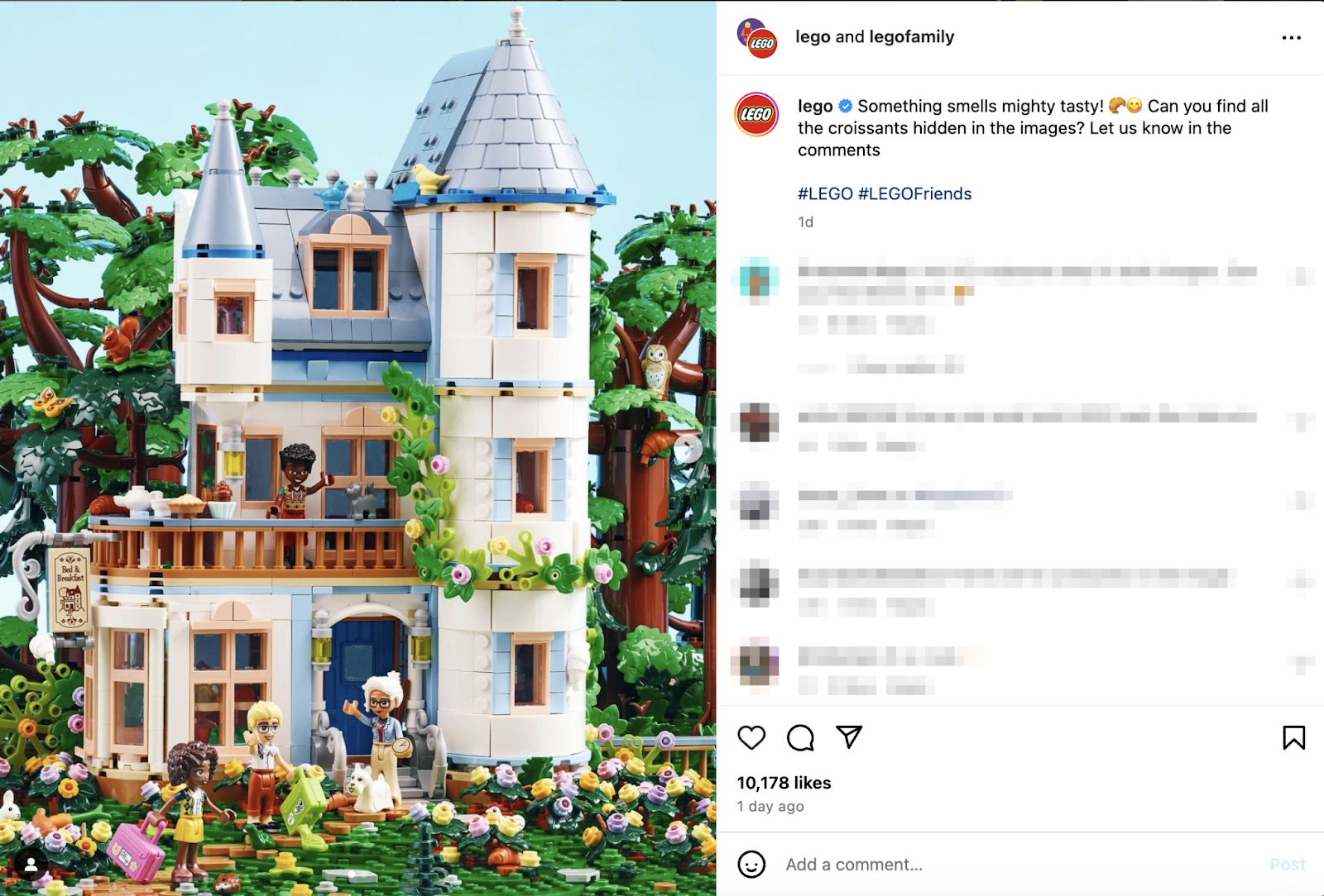 instagram post from Lego of a victorian house made from their materials that asks the audience to find the croissants hidden in the image