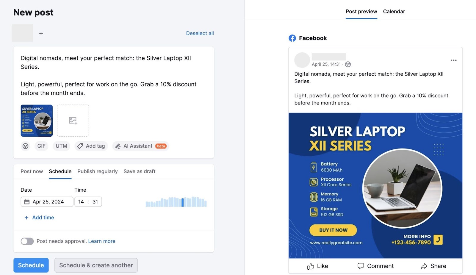 Semrush Social Poster interface for a Facebook station  being scheduled successful  advance.