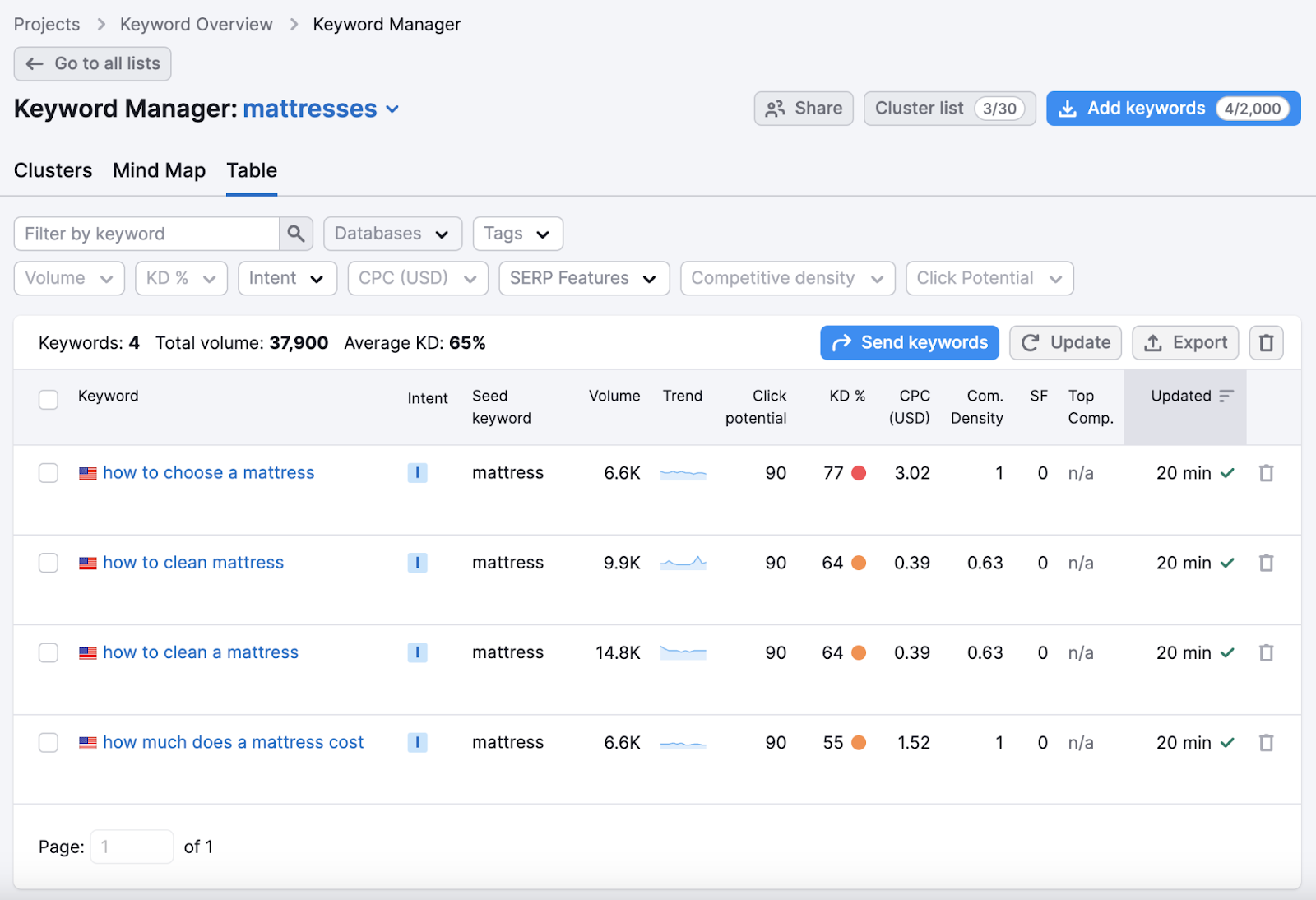 an example of keyword list "mattresses" in Keyword Manager tool