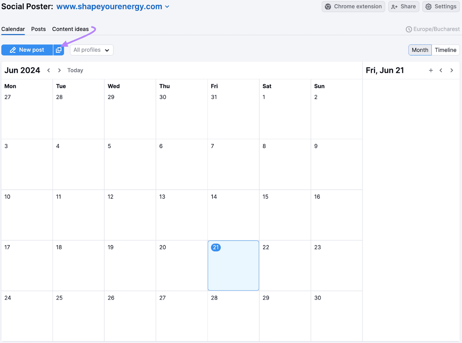 Semrush's Social Poster "Calendar" interface with the "New Post" button highlighted