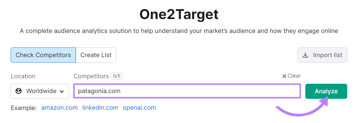 "patagonia.com" entered into the One2Target search bar