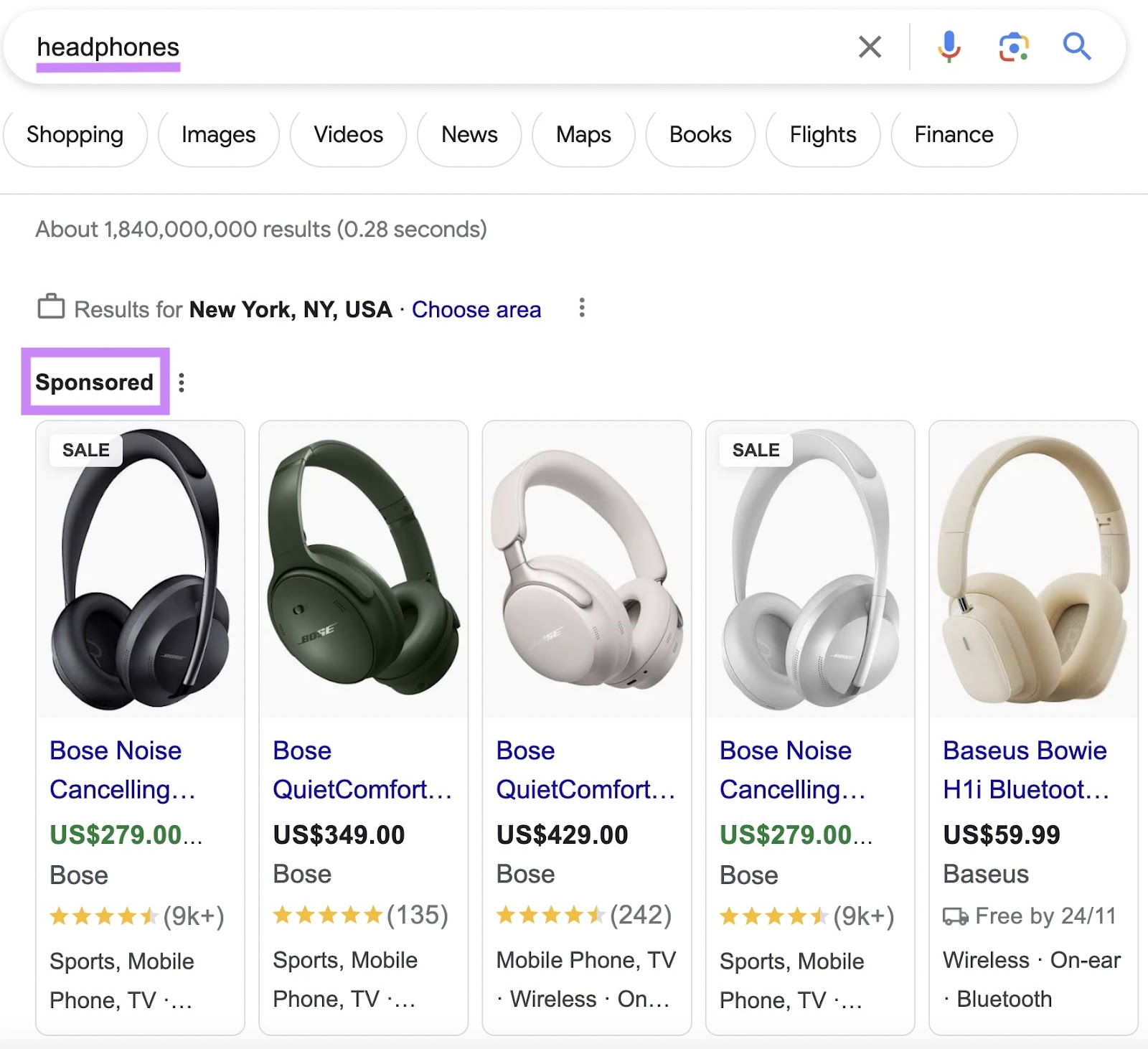 Shopping ads for "headphones" on Google's SERP