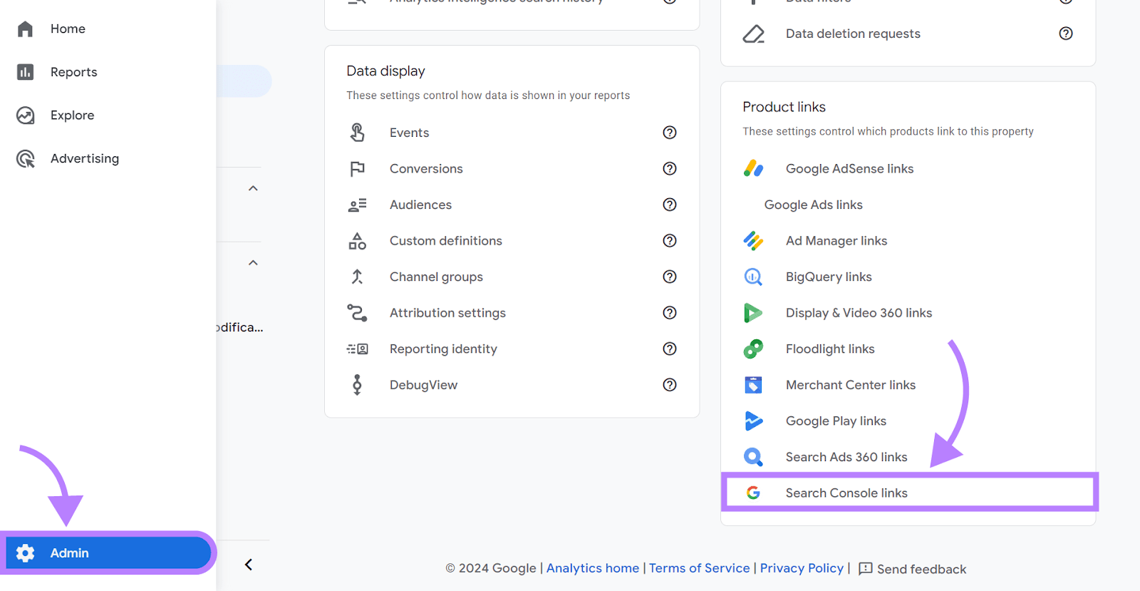 “Search Console links” selected from the admin panel