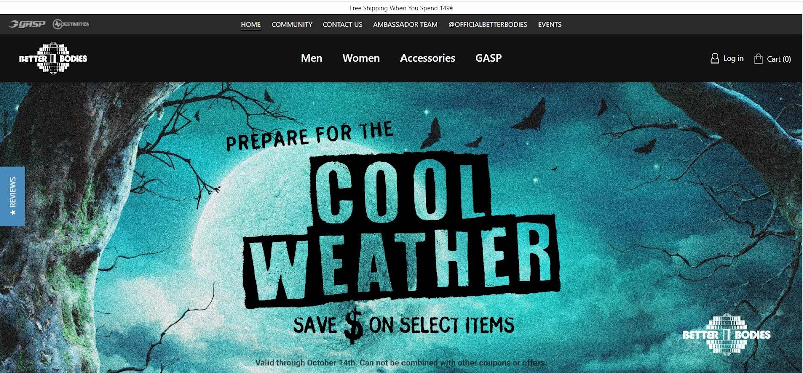 A banner above the fold for cold weather clothes discount by Better Bodies